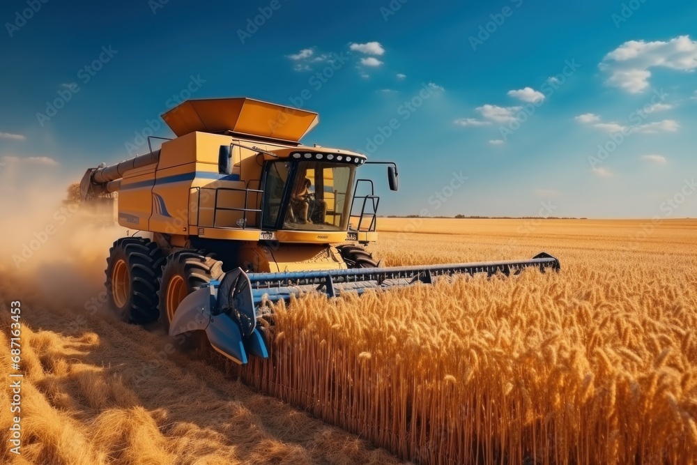 Fototapeta premium Agriculture, Combine harvester harvests golden wheat. 