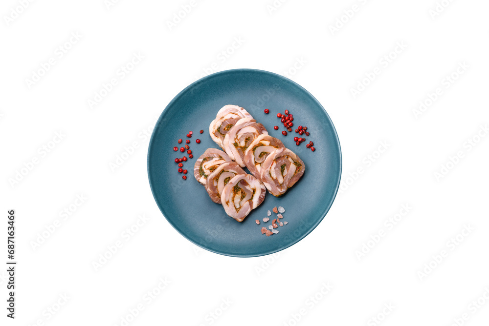 Delicious meatloaf with lard, salt, spices and herbs cut into slices