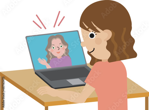 オンラインで英会話をしている日本人女性の斜め後ろアングルのイラスト
