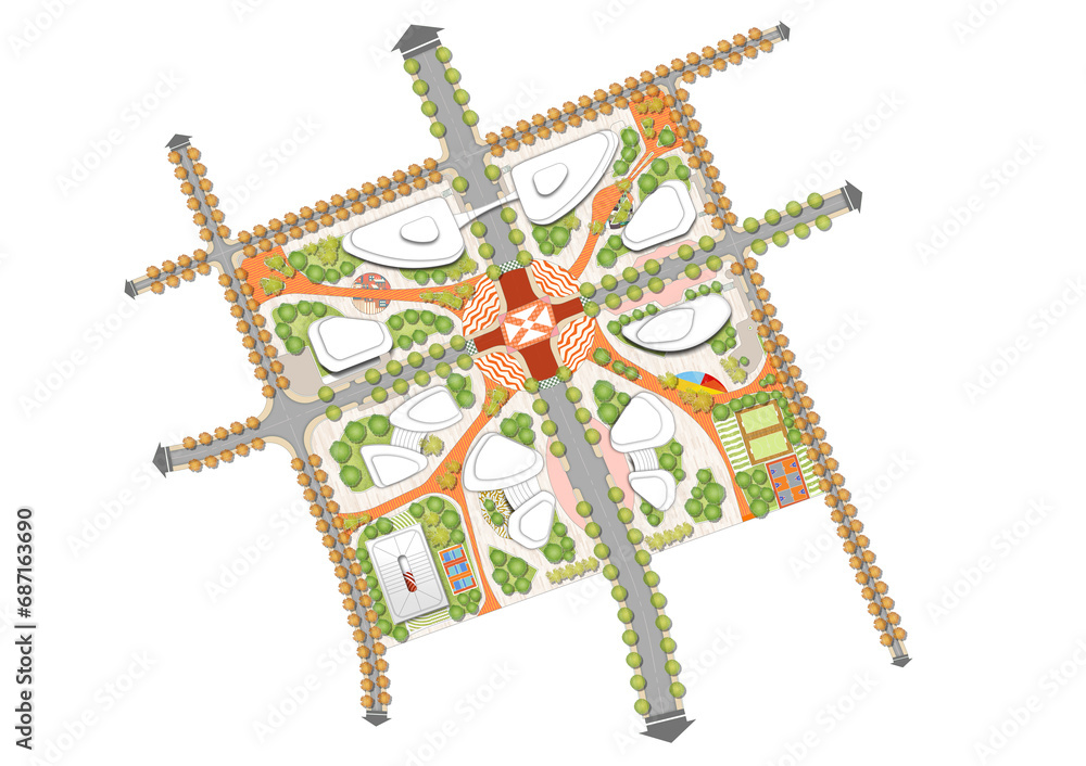 Urban center landscape architectural design map, rendered illustrated ...