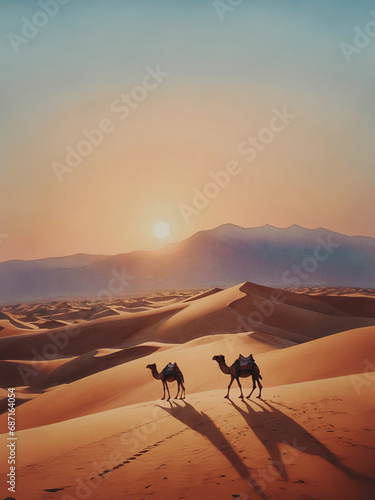 illustrazione di paesaggio desertico con dune sabbia e cammelli, sole che tramonta sullo sfondo photo