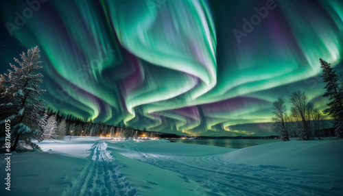 Winter landscape at night with colored northern lights