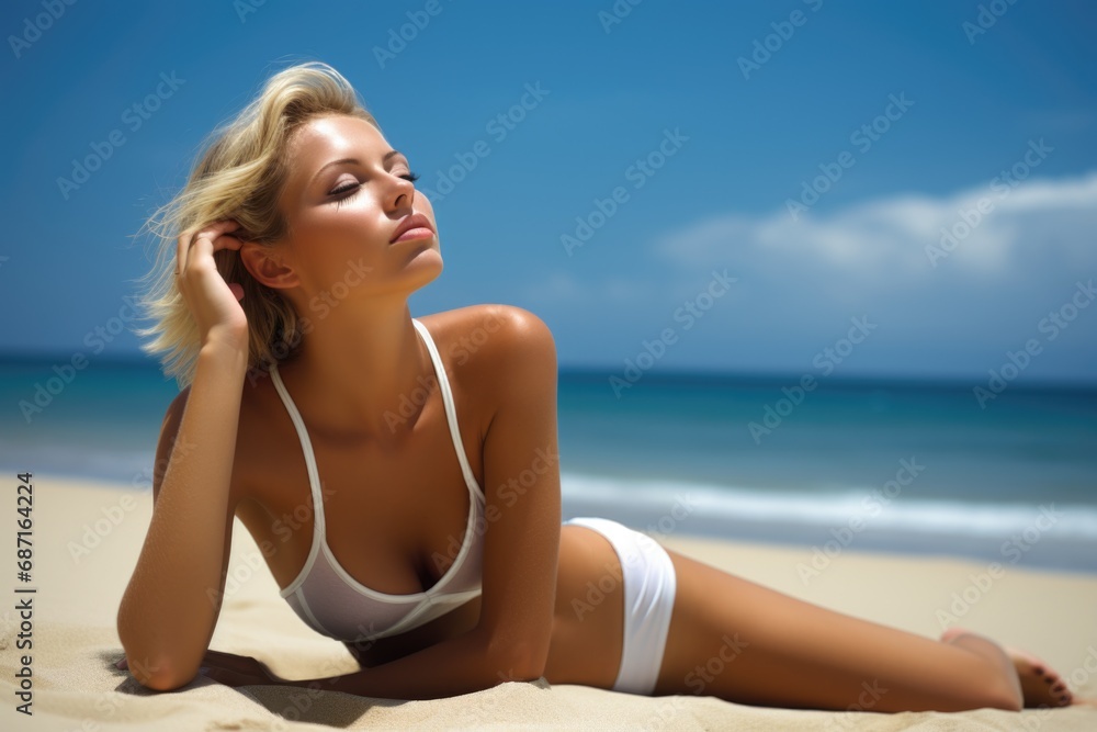 Woman inhaling deeply at the beach