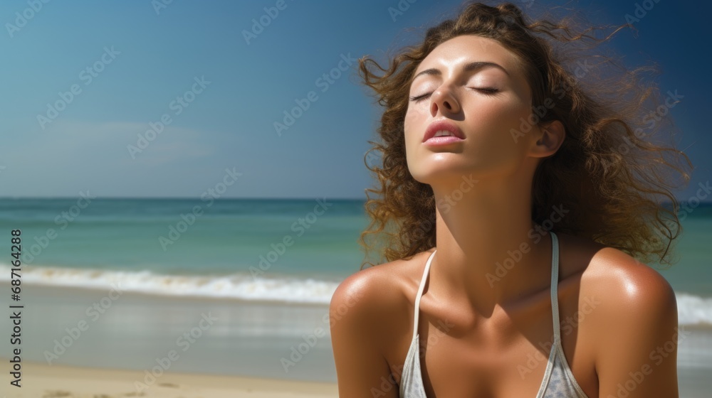 Woman inhaling deeply at the beach Woman inhaling deeply at the beach