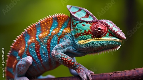 A macro shot of a vibrant chameleon blending into its surroundings  showcasing the incredible camouflage of nature.