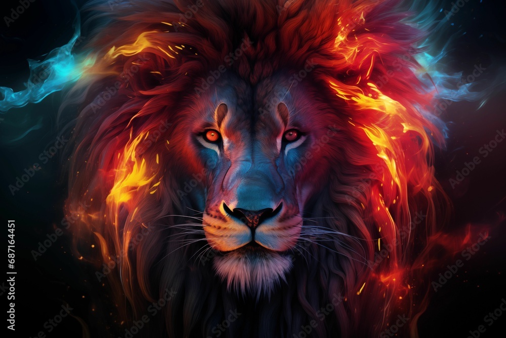 AI generated illustration of a majestic lion illuminated in a golden hue