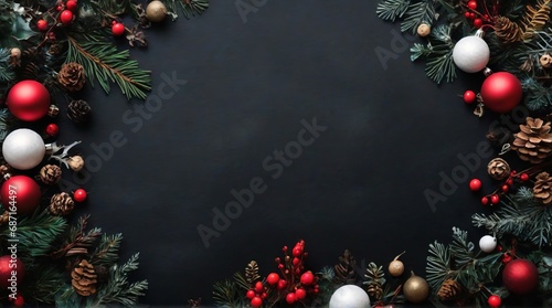 Christmas themed border crafted from wintry elements on a black background Flat perspective Festive idea, top view without perspective.