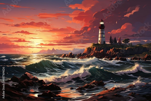 painting of a lighthouse on a promontory at sunset