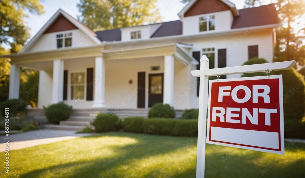 AI illustration of a vibrant 'For Rent' sign displayed on the lawn of a pristine white house. AI illustration of a vibrant 'For Rent' sign displayed on the lawn of a pristine white house.
