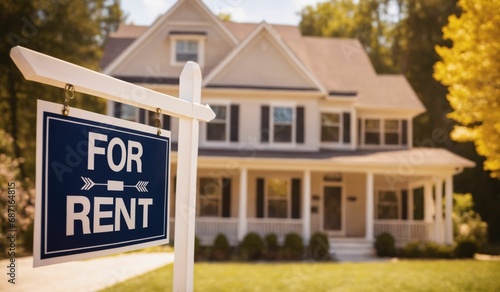 AI illustration of a vibrant 'For Rent' sign displayed on the lawn of a pristine white house.