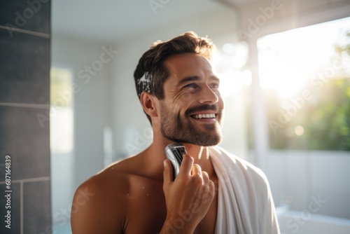 Man shaving with electric razor