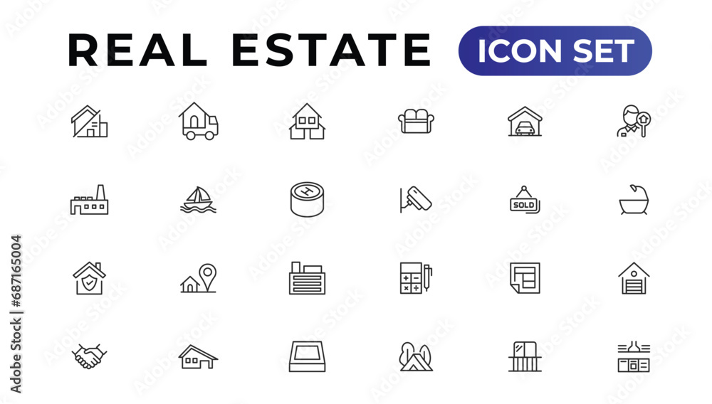 Real Estate minimal thin line web icon set. Included the icons as realty, property, mortgage, home loan and more. Outline icons collection.