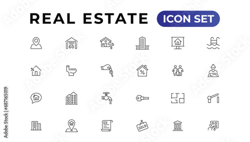Real Estate minimal thin line web icon set. Included the icons as realty, property, mortgage, home loan and more. Outline icons collection.