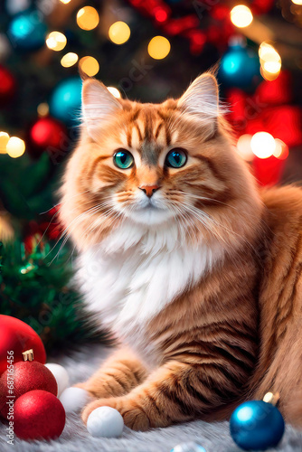 New Year's happiness pets. Domestic cute cat on a New Year's backgrounds with gifts.