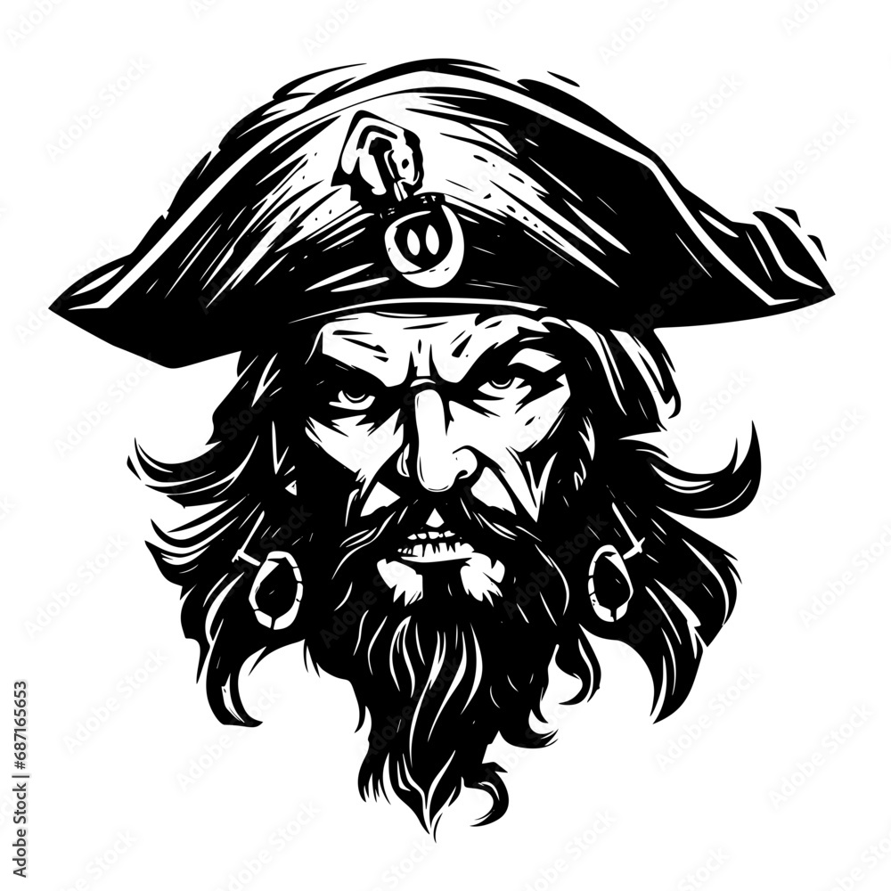 A pirate cartoon character captain mascot face and pointing hand with skull and crossed bones on his tricorne hat
A pirate cartoon character captain mascot face and pointing hand with skull and crossed bones on his tricorne hat