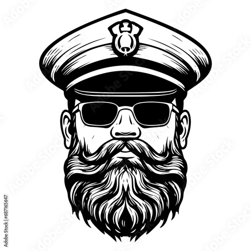 Vintage monochrome marine label with seaman in sailor captain. Bearded ship captain peaked cap for marine nautical logo design for sailor
