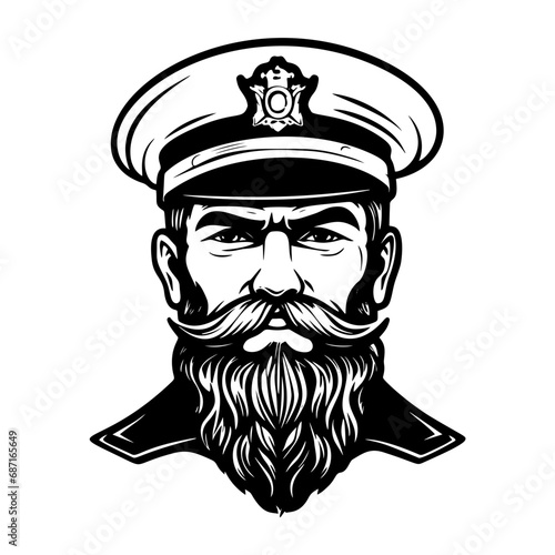 Vintage monochrome marine label with seaman in sailor captain. Bearded ship captain peaked cap for marine nautical logo design for sailor
