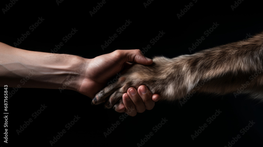 Fototapeta premium Handshake of human hand and animal. Animal and human handshake. Human hand and animal paw. Collaboration between human and nature and animals. Isolated on black background