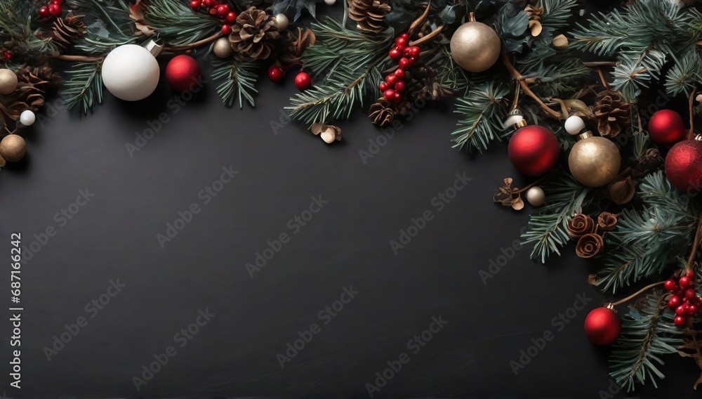 Christmas themed border crafted from wintry elements on a black background Flat perspective Festive idea, top view without perspective. Christmas themed border crafted from wintry elements on a black background Flat perspective Festive idea, top view without perspective.