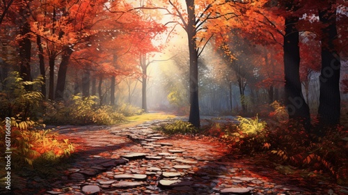 A serene autumn forest scene with vibrant leaves falling gently  creating a carpet of colors on the woodland floor.