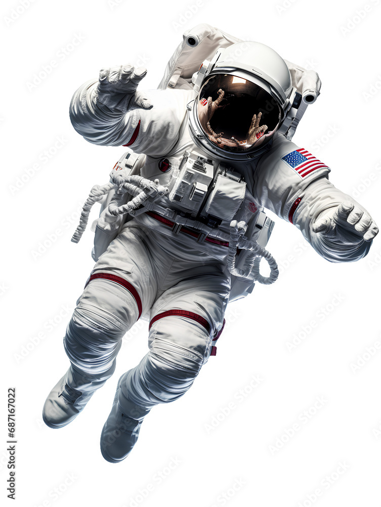 An astronaut in a space suit flies. Isolated on transparent background. Generative AI.