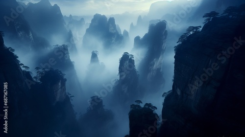 a foggy mountain range with trees photo