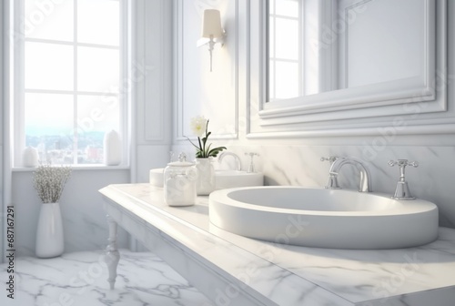 Elegant white bathroom interior with white marble. generative ai © LivroomStudio