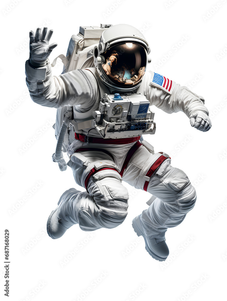An astronaut in a space suit flies. Isolated on transparent background. Generative AI. An astronaut in a space suit flies. Isolated on transparent background. Generative AI.