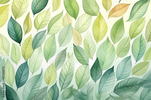 The pattern with green leaves in watercolor style, the texture of the leaves.
