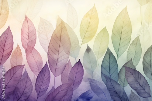 Pattern with purple green leaves in watercolor style, leaf texture.