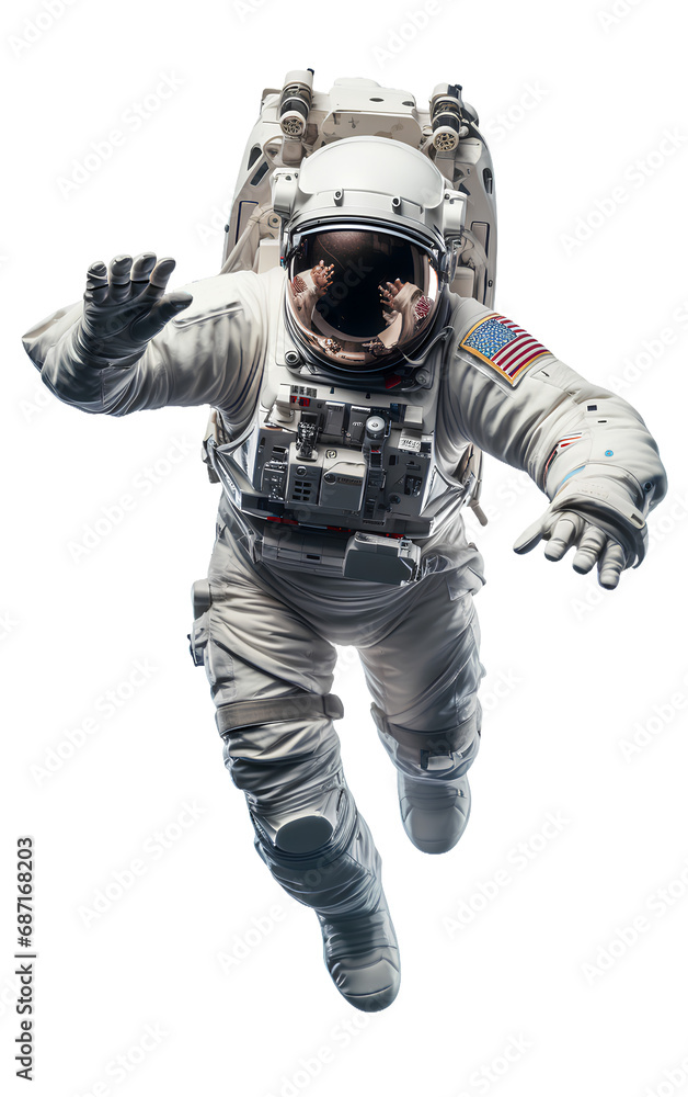 An astronaut in a space suit flies. Isolated on transparent background. Generative AI. An astronaut in a space suit flies. Isolated on transparent background. Generative AI.