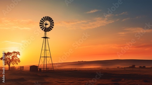 A serene countryside sunrise, with a lone windmill silhouetted against the warm colors of the morning sky. © Ibraheem