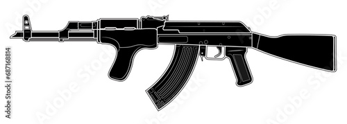 Vector illustration of AK carbine with a wooden foregrip on the white background. Black. Left side.