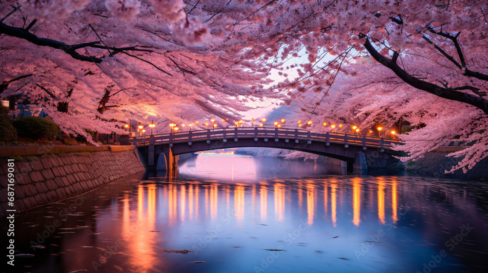 Fototapeta premium 都会の夜桜,、満開の桜と川と橋の風景