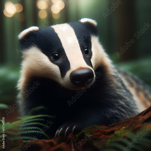 Cute badger in the forest, wildlife photography concept 