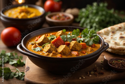 bowl of vegetables with curry rice and spices and herbs on a wooden table - healthy vegetarian food photo