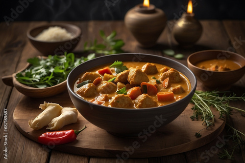 bowl of vegetables with curry rice and spices and herbs on a wooden table - healthy vegetarian food