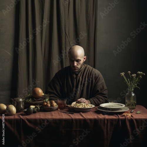 a man sitting at a table with food on it