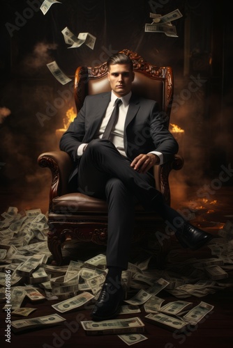 a man sitting in a chair with money falling off © Aliaksandr Siamko