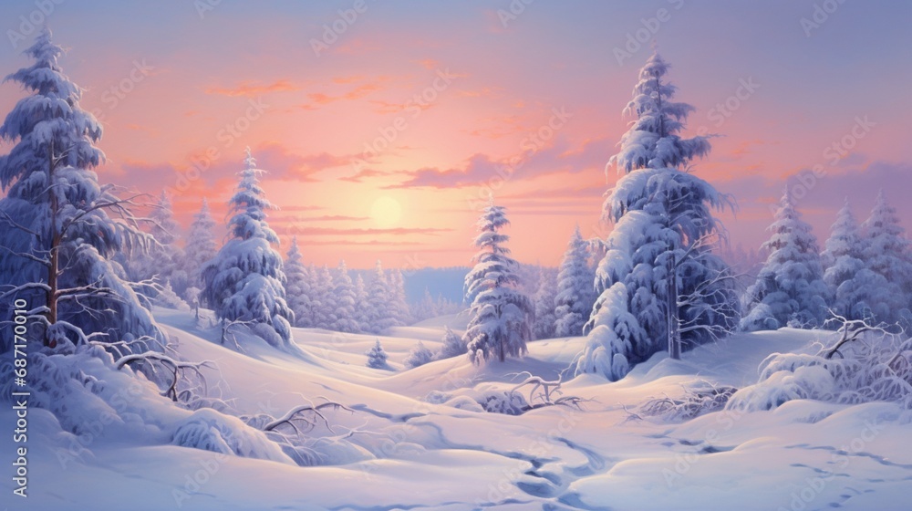 A serene winter landscape with snow-covered trees and a soft, pastel-colored sky at the break of dawn.