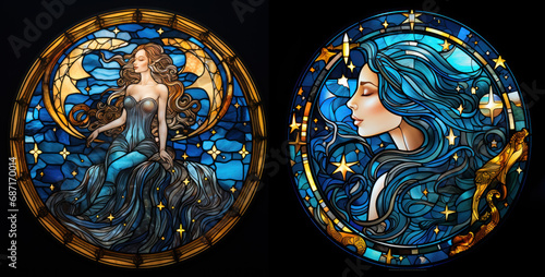 stained glass style with a girl on a dark background set