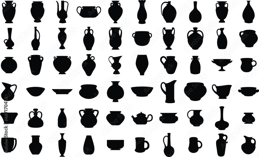 Set of pottery and vases silhouettes , Black pot isolated vector illustrations on white background
 - obrazy, fototapety, plakaty 