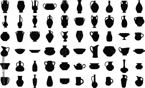 Set of pottery and vases silhouettes , Black pot isolated vector illustrations on white background 