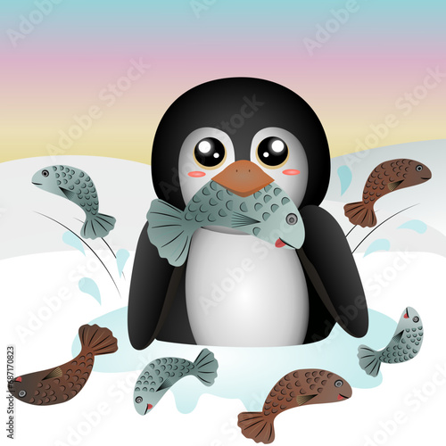 A penguin catching many fish in cold weather on a frozen lake, with the largest fish in its mouth