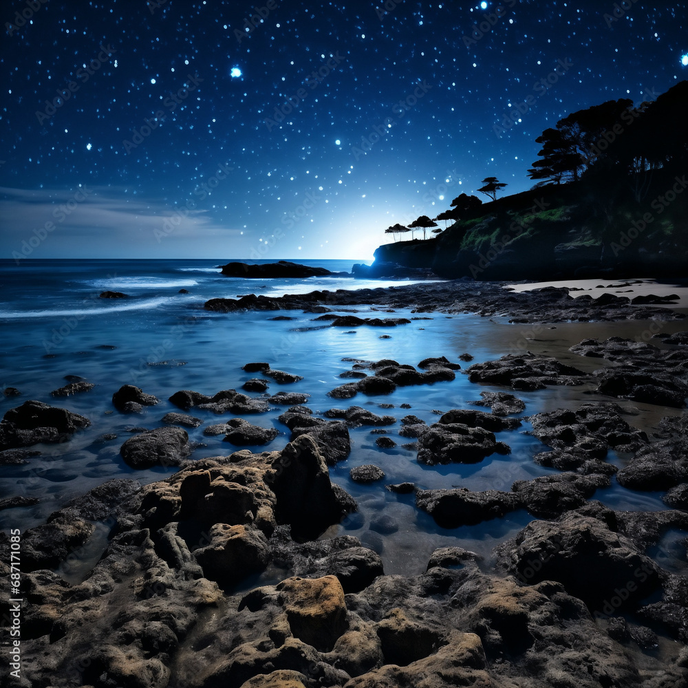 beautiful night landscape with starry sky over the sea and rocks