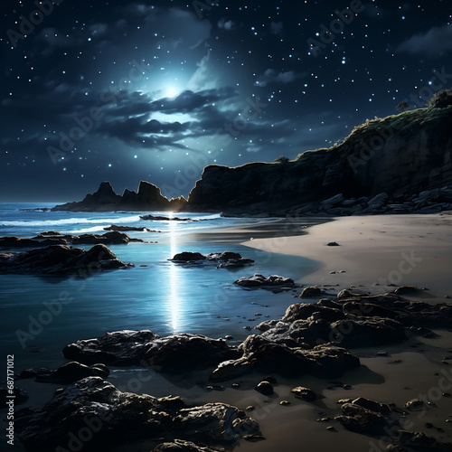 Fantasy night landscape with starry sky and sea.