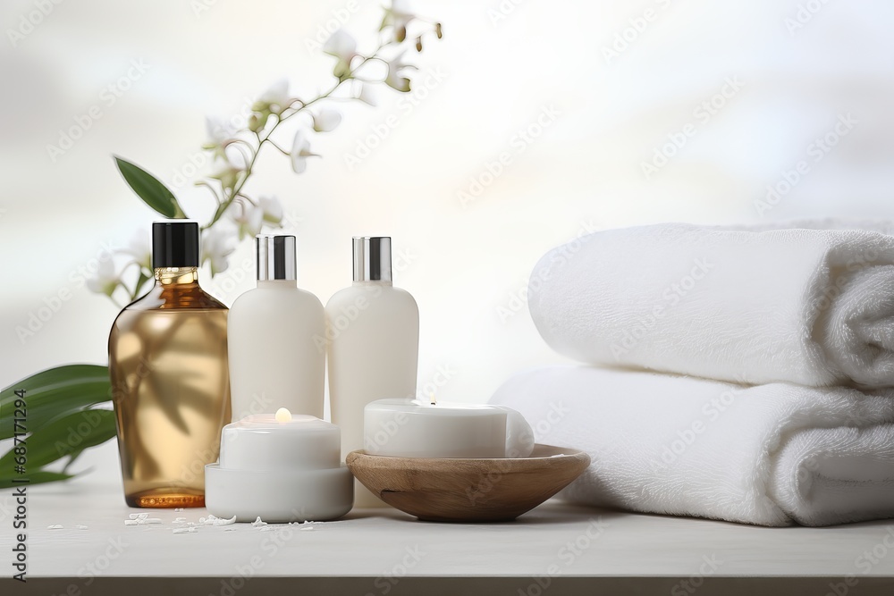 Bright modern bathroom concept. White towels, care products and plants background