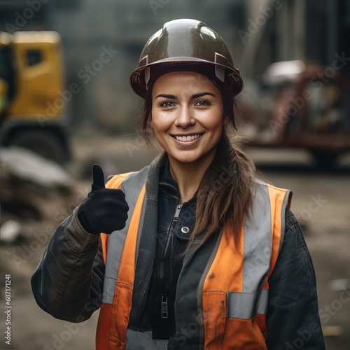 female construction worker with thumbs up. photo