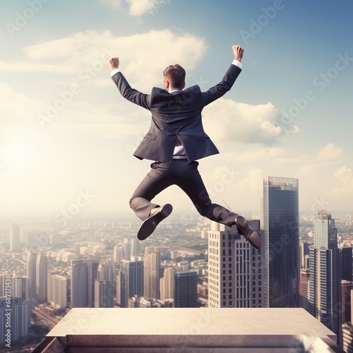 successful young businessman jump with his arms raised high outside under grey cloudy sky on the rooftop with the view over city.
