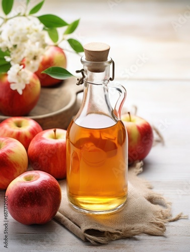 Glass bottle with cider vinegar and ripe apples on light wooden background, close-up, Rustic style, vertical image.